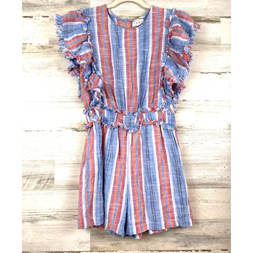 THML Womens S Multi Stripe Cotton Romper Ruffle Sleeve Coastal Chic NEW